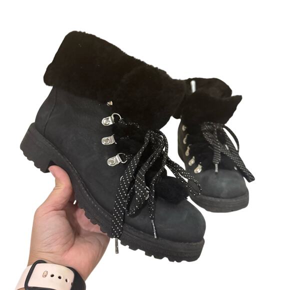 J.Crew Black Nubuck Faux Fur Lined Winter Boots Women’s Size 7M Lace-Up Hiker - Picture 1 of 8